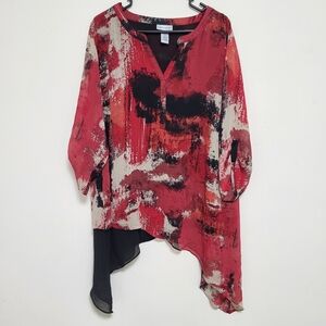Catherines Asymmetric Sharkbite Hem Red Abstract Print 1X Lagenlook Artsy TUNIC